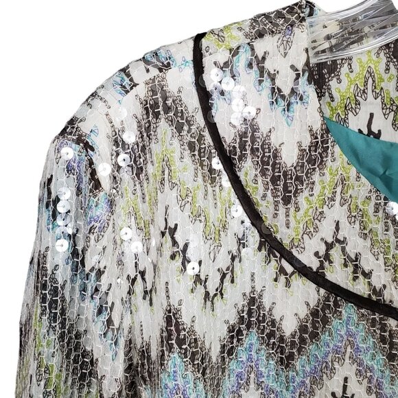 Chicos 2 Size L Jacket Sequin Blazer Zig-Zag Shimmer Chevron Fitted Sparkle - Picture 3 of 7